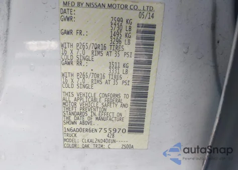 2014 Nissan Frontier Sv z USA, uszkodzony, nr VIN 1N6AD0ER6EN755970